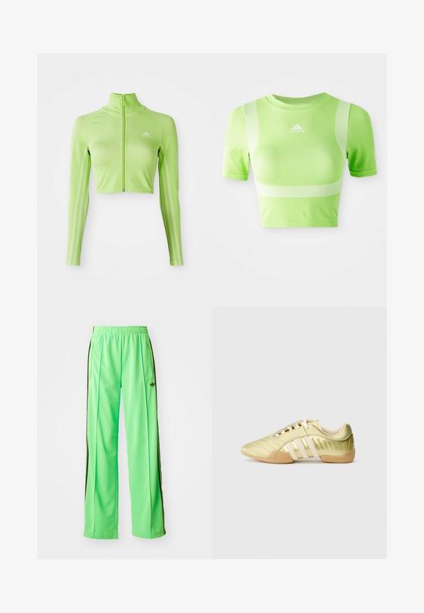 Neon grøn langærmet cropped sports top med frontlynlås, høj krave, Adidas-logo på venstre bryst og tre striber langs ærmerne.; Kappet atletisk skjorte i lys grøn stof. Har korte ærmer, rund hals og hvidt diagonalt stribemønster på skuldrene. adidas-logo på fronten.; Grønne atletiske bukser lavet af glat, let materiale, med sorte sidestriber og et broderet logo på fronten.; Limegrøn syntetisk sportssko med en glat tekstur, der har tre hvide striber, en blød indvendig foring og en tekstureret gummiydersål.