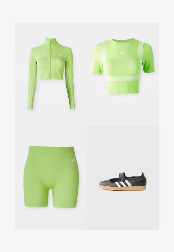 Neón zelený dlhý rukávový skrátený športový top s predným zipsom, vysokým golierom, logom Adidas na ľavej hrudi a tromi pruhmi pozdĺž rukávov.; Zkrátené atletické tričko v jasne zelenej farbe. Má krátke rukávy, okrúhly výstrih a biely diagonálny pruhový vzor na pleciach. Logo adidas na prednej strane.; Zelené atletické šortky vyrobené z elastického materiálu, s stredne vysokým pásom a logom Adidas na pravej prednej strane.; Čierne kožené a zamšové tenisky s Velcro pásikom, s tromi bielymi pruhmi a gumenou podrážkou, označené nápisom "SAMBA" na boku.