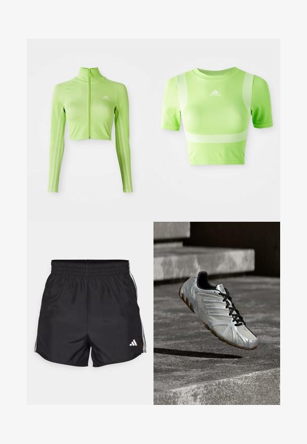 Neon groene langslavage crop athletisch top met rits aan de voorkant, hoge kraag, Adidas-logo op de linkerborst en drie strepen langs de mouwen.; Geknipt sportshirt van helder groene stof. Heeft korte mouwen, een ronde hals en een wit diagonale streepdesign op de schouders. adidas-logo aan de voorkant.; Zwarte sportshorts met een elastische tailleband, zijsplitten en witte drievoudige strepenaccenten. Bevat een klein wit logo op de rechteronderkant.; Zilveren en zwarte Adidas sportschoen met een gestructureerd ontwerp en een bruine zool, hangend boven een grijs betonnen oppervlak en trappen.