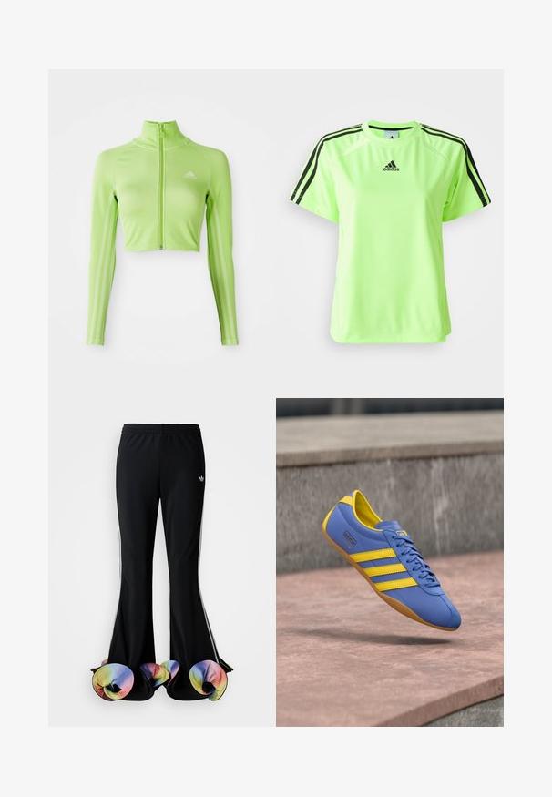 Neon groene langslavage crop athletisch top met rits aan de voorkant, hoge kraag, Adidas-logo op de linkerborst en drie strepen langs de mouwen.; Neon groene sport t-shirt van vochtregulerende stof. Kenmerkt een zwart driekleurig ontwerp op de schouders en een logo in het midden van de borst.; Zwarte sportbroek met een brede, uitlopende snit. Voorzien van kleurrijke, gerimpelde onderranden en witte zijstrepen. Gemaakt van rekbaar materiaal.; Blauwe sneaker van synthetisch leer met gele accenten, voorzien van drie strepen, een rubberen zool en een afgeronde neus. Vetersluiting.