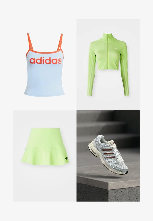 Neon-grünes, langärmeliges, tailliertes Sportoberteil mit Reißverschluss vorne, hohem Kragen, Adidas-Logo auf der linken Brust und drei Streifen entlang der Ärmel.; Hellblaues Tanktop mit orangefarbenen Akzenten, das das auffällige rote "adidas"-Logo über der Brust präsentiert. Hergestellt aus weichem, elastischem Stoff. Dünne Träger.; adidas Originals SKIRT - Minirock - signal green; Weißer und silberner Adidas Laufschuh mit braunen Streifen, der über einer Betonkante schwebt, vor einem verschwommenen grauen Hintergrund.
