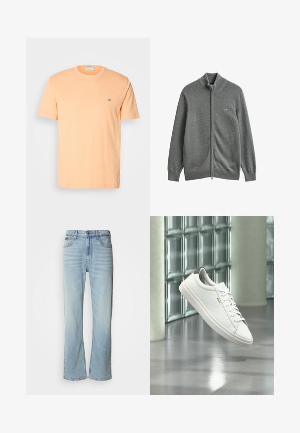 Cárdigan gris de punto con cremallera, con puños, cuello y bajo de canalé, con un pequeño logo bordado en el pecho izquierdo.; Camiseta de manga corta en algodón color durazno claro, con un pequeño logo azul en el pecho. Cuello redondo con una textura suave.; Jeans de mezclilla azul claro con corte recto, que cuentan con cinco bolsillos, un cierre de botón y un ligero desvanecimiento en la tela.; Zapatilla deportiva de piel blanca de corte bajo con cordones, lengüeta negra en el talón y logo "BOSS", flotando en interiores cerca de una pared de bloques de vidrio y suelo pulido.
