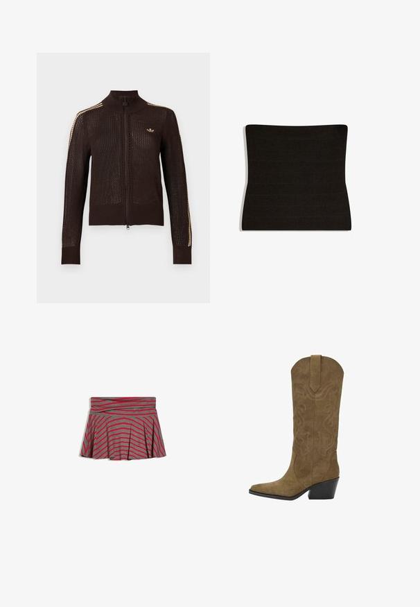 Mørkebrun strikket jakke med lynlås med beige striber på ærmerne og lille beige Adidas trefoil-logo på venstre bryst.; Sort elastisk bandeau-top i stof med vandret ribbet tekstur og en let buet silhuet.; Grå og rødstribet mini nederdel med flared snit, diagonale og horisontale linjer samt en tætsiddende linning.; Mid-calf brune ruskind cowboy støvle med broderede svirvelmønstre, spids tå, hængsel og skrå sort stablet hæl.