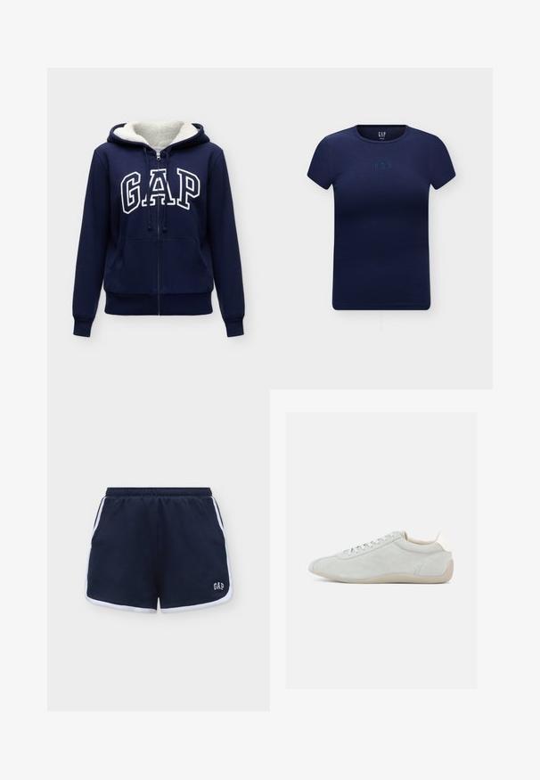 Sweat à capuche zippé bleu marine avec doublure en polaire blanche, poches avant, cordons et grand logo blanc GAP sur la poitrine.; T-shirt côtelé bleu marine à manches courtes avec col rond et petit logo GAP embossé sur la poitrine, présenté sur fond uni.; Shorts décontractés bleu marine avec bordure blanche, taille élastique, poches latérales et logo blanc "GAP" en bas à l'avant à droite.; Baskets en daim gris clair présentant un design profilé bas, une fermeture à lacets et une semelle en caoutchouc beige souple. Des détails de couture subtils ajoutent de la texture.