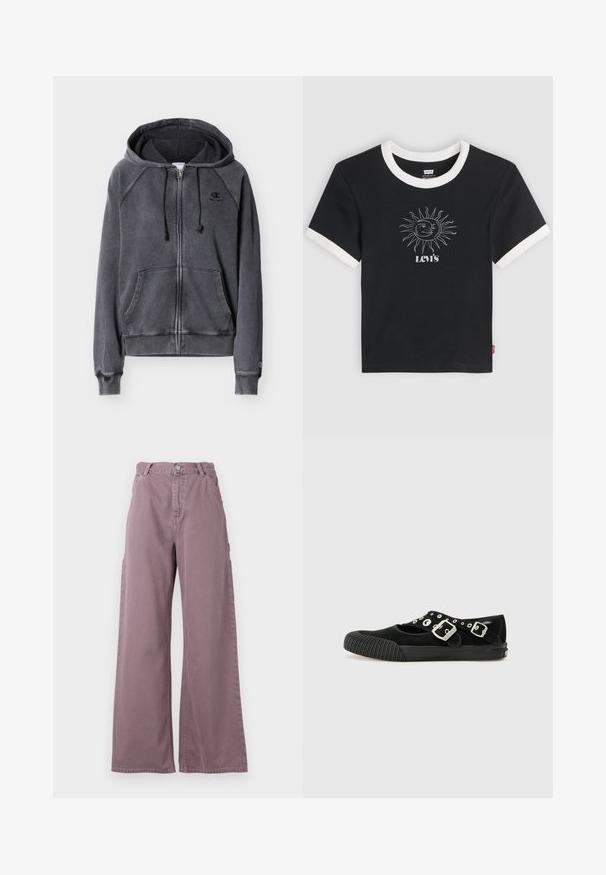 Mørkegrå hættetrøje med lynlås, forlommer, snøre i hætten, ribstrikkede ærmeafslutninger og lille broderet Champion-logo på brystet og ærmet.; Sort Levi's t-shirt med korte ærmer og hvid kant på krave og ærmer, med en hvid sol- og månegrafik over Levi's-logoet.; Bredde bukser i støvet mauve bomuld med en frontlukning med knap, sidelommer og syet detaljering langs sømmene.; Vans MARY JANE - Ballerinasko - black