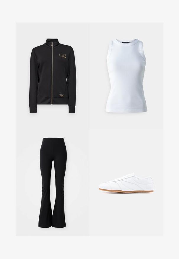 Veste noire zippée avec col haut, fabriquée dans un tissu lisse. Présente des accents de logo doré et un design ajusté avec des poignets côtelés.; T-shirt sans manches blanc en tissu côtelé, avec un col rond et une silhouette ajustée. Texture lisse, sans motifs ni accents visibles.; Leggings évasés noirs fabriqués en matériau extensible, dotés d'une taille haute et d'une texture lisse. Aucun motif ou quincaillerie visible.; Baskets basses blanches à lacets, tige en cuir lisse, panneaux subtilement cousus et semelle en caoutchouc marron clair.