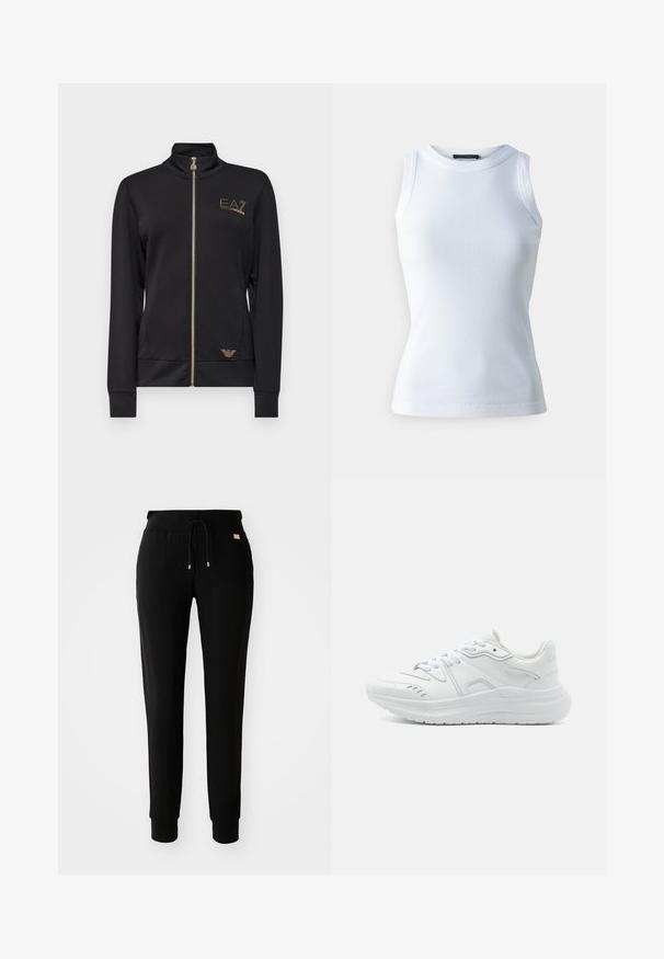 Zwarte zip-up jack met hoge kraag, gemaakt van gladde stof. Kenmerkt zich door gouden logo-accenten en een aangesloten ontwerp met ribgebreide manchetten.; Witte mouwloze top van ribstof, met een ronde halslijn en een getailleerde pasvorm. Soepele textuur, geen zichtbare patronen of accenten.; Zwarte tapered sweatpants met een tailleband met trekkoord en manchetten bij de enkels, weergegeven op een eenvoudige witte achtergrond.; Witte sportieve sneakers met een soepel leren bovenwerk, gevoerde zool, ronde tenen en een minimalistisch ontwerp. Voorzien van veters en subtiele accenten.