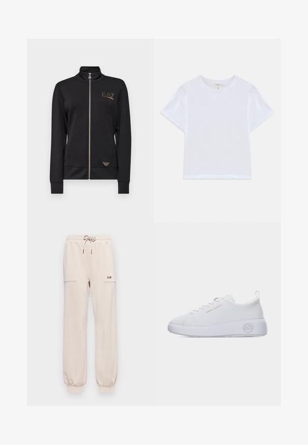 Zwarte zip-up jack met hoge kraag, gemaakt van gladde stof. Kenmerkt zich door gouden logo-accenten en een aangesloten ontwerp met ribgebreide manchetten.; Witte cropped t-shirt van zacht katoen, met een ronde hals en korte mouwen in een iets ontspannen pasvorm. Geen patronen of accenten.; Lichtbeige joggingbroek met een elastische tailleband, koordje en manchetten aan de enkels. Bevat twee zijzakken en een klein logodat. ; Witte lage sneaker met dikke zool, gouden tekst "Armani Exchange" aan de zijkant en een gegraveerd "AX"-logo op de hiel.