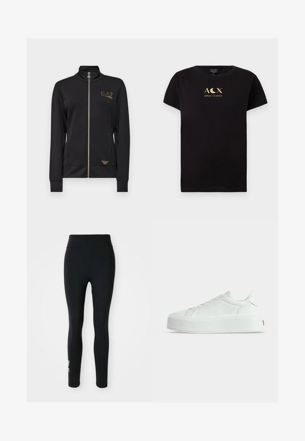 Chaqueta negra con cremallera y cuello alto, hecha de una tela suave. Presenta acentos dorados en el logo y un diseño ajustado con puños acanalados.; Camiseta de algodón negra de manga corta con un diseño de logo dorado que incluye el texto "ACX" y "ARMANI EXCHANGE".; Leggings negros hechos de tela elástica, con una cintura alta y un pequeño logotipo impreso en una pierna. Textura suave, diseño ajustado.; Zapatilla blanca de tipo bajo con cuero texturizado, suela gruesa con plataforma y cierre de cordones, mostrada de perfil sobre un fondo liso.