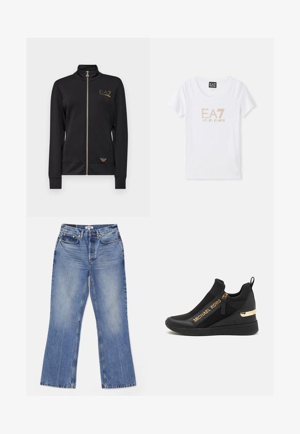 Sort zip-jakke med høj krave, lavet af glat stof. Har guld logo detaljer og en tætsiddende pasform med ribbede manchetter.; Hvid bomulds T-shirt med rund halsudskæring, prydet med et logo i gyldent rhinestones "EA7 EMPORIO ARMANI" centreret på forsiden.; RE/DONE LOOSE - Jeans Bootcut - hacienda; Sorte atletiske sneakers med mesh-paneler, gulllogo-detaljer, slip-on design og en kilehæl for ekstra højde. Gummisål.