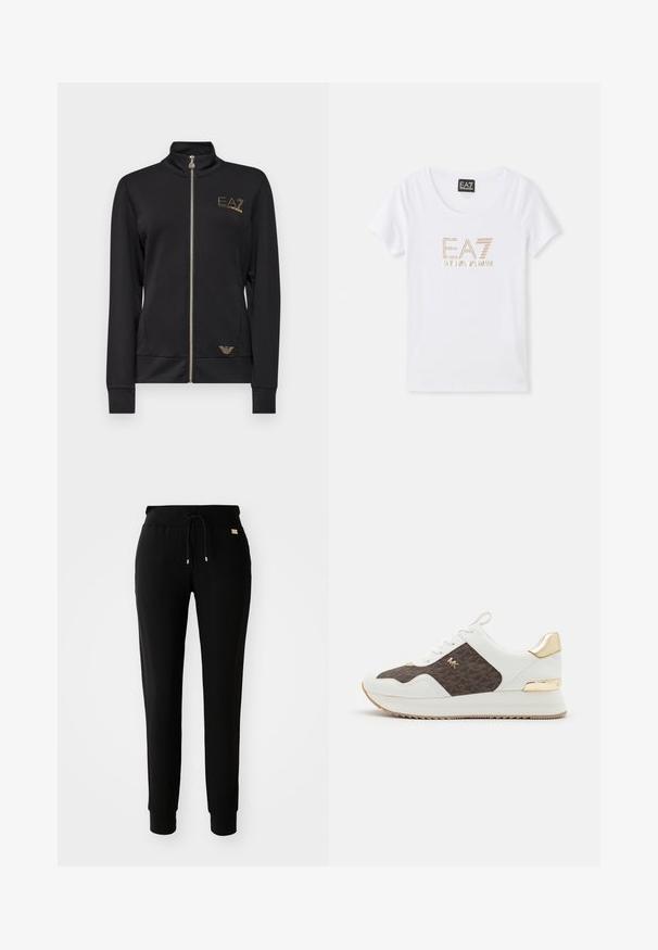 Sort zip-jakke med høj krave, lavet af glat stof. Har guld logo detaljer og en tætsiddende pasform med ribbede manchetter.; Hvid bomulds T-shirt med rund halsudskæring, prydet med et logo i gyldent rhinestones "EA7 EMPORIO ARMANI" centreret på forsiden.; Sorte tapered sweatpants med snøre i taljen og manchetter ved anklerne, præsenteret på en simpel hvid baggrund.; Hvide sneakers med brunt mønstret stofpanel, guld hardwaredetaljer, rund tå, snørebåndsdesign og tekstureret gummisål.