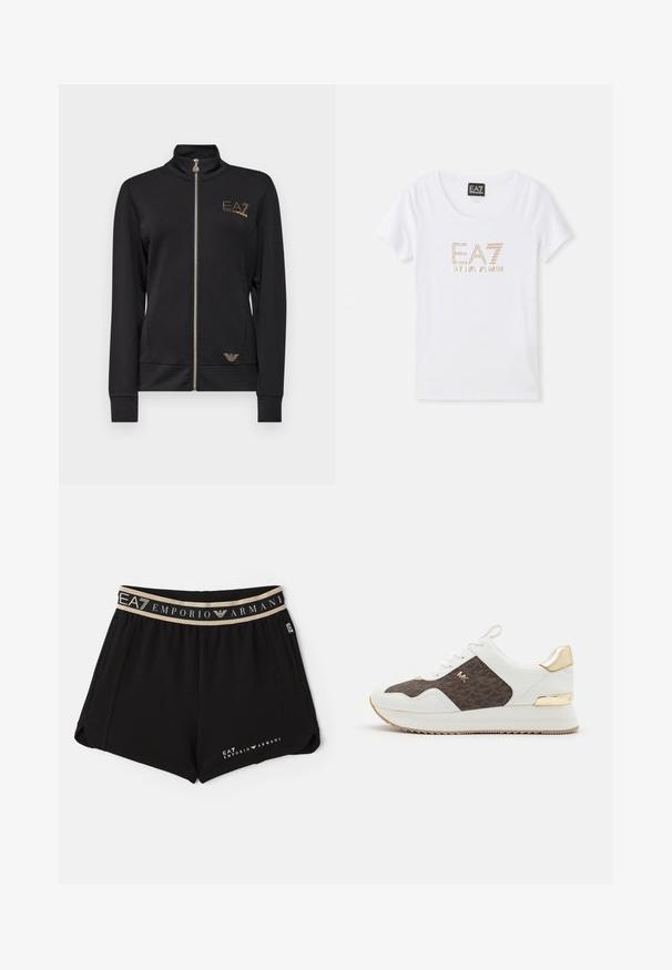 Zwarte zip-up jack met hoge kraag, gemaakt van gladde stof. Kenmerkt zich door gouden logo-accenten en een aangesloten ontwerp met ribgebreide manchetten.; Witte katoenen T-shirt met een ronde hals, voorzien van een gouden strass logo "EA7 EMPORIO ARMANI" gecentreerd aan de voorkant.; Zwarte sportieve shorts met een contrasterende beige elastische tailleband met merktext en logo, twee zijzakken en een soepele textuur.; Witte sneakers met bruine patroonstofpanelen, gouden hardwareaccenten, ronde neus, vetersluiting en gestructureerde rubberen zool.