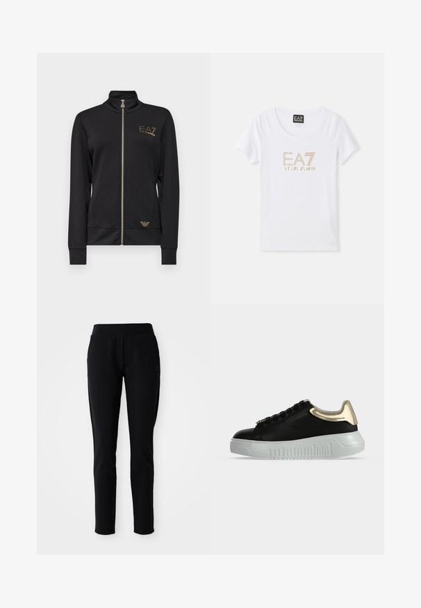 Schwarze Zip-up-Jacke mit hohem Kragen, aus glattem Stoff gefertigt. Verfügt über goldene Logo-Akzente und ein tailliertes Design mit gerippten Bündchen.; Weißes Baumwoll-T-Shirt mit Rundhalsausschnitt, versehen mit einem goldfarbenen Strass-Logo "EA7 EMPORIO ARMANI", das zentral auf der Vorderseite platziert ist.; Schwarze Sporthosen mit einer taillierten Passform, elastischem Bund und seitlichen Taschen, die ein dezentes Logodesign am linken Bein aufweisen.; Schwarzer Sneaker mit niedriger Schnittform, dicker weißer Sohle und metallisch goldenem Fersendetail, mit schwarzen Schnürsenkeln und dezentem Seitenbranding.