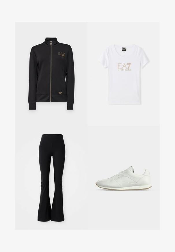 Schwarze Zip-up-Jacke mit hohem Kragen, aus glattem Stoff gefertigt. Verfügt über goldene Logo-Akzente und ein tailliertes Design mit gerippten Bündchen.; Weißes Baumwoll-T-Shirt mit Rundhalsausschnitt, versehen mit einem goldfarbenen Strass-Logo "EA7 EMPORIO ARMANI", das zentral auf der Vorderseite platziert ist.; Schwarze, ausgestellte Leggings aus dehnbarem Material, mit einem hohen Taillenbund und glatter Textur. Keine Muster oder sichtbaren Beschläge.; Weißer flacher Ledersneaker mit Schnürung vorne, dezenten Nahtdetails und beiger Gummisohle auf einfachem hellem Hintergrund.