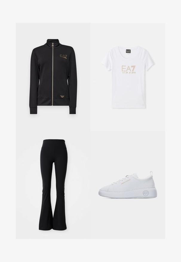 Sort zip-jakke med høj krave, lavet af glat stof. Har guld logo detaljer og en tætsiddende pasform med ribbede manchetter.; Hvid bomulds T-shirt med rund halsudskæring, prydet med et logo i gyldent rhinestones "EA7 EMPORIO ARMANI" centreret på forsiden.; Sorte flared leggings lavet af strækbart materiale, med høj talje og glat tekstur. Ingen mønstre eller hardware synlige.; Hvid lavt snøret sneaker med tyk sål, guld "Armani Exchange" tekst på siden og "AX" logo præget på hælområdet.