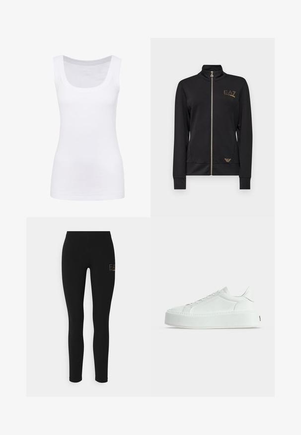 Veste noire zippée avec col haut, fabriquée dans un tissu lisse. Présente des accents de logo doré et un design ajusté avec des poignets côtelés.; Débardeur sans manches blanc en tissu lisse, doté d'un col rond et d'une silhouette ajustée. Pas de motifs ou d'accents visibles.; Leggings noirs à coupe slim, fabriqués en tissu extensible, arborant un logo doré sur le côté gauche. Texture lisse, design à longueur complète.; Baskets basses blanches en cuir texturé, semelle épaisse à plateforme et fermeture à lacets, vues de profil sur fond uni.