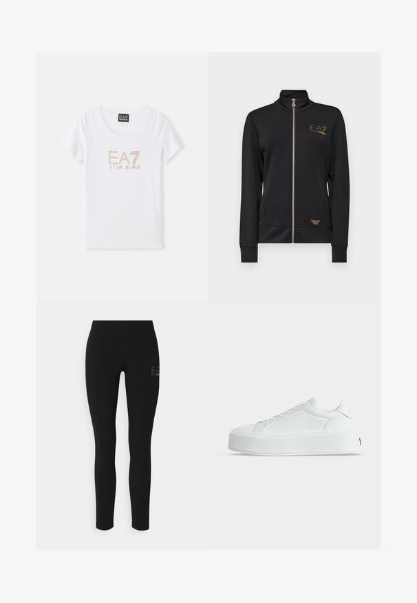 Schwarze Zip-up-Jacke mit hohem Kragen, aus glattem Stoff gefertigt. Verfügt über goldene Logo-Akzente und ein tailliertes Design mit gerippten Bündchen.; Weißes Baumwoll-T-Shirt mit Rundhalsausschnitt, versehen mit einem goldfarbenen Strass-Logo "EA7 EMPORIO ARMANI", das zentral auf der Vorderseite platziert ist.; Schwarze Leggings mit Slim-Fit, gefertigt aus dehnbarem Material, mit einem goldenen Logo auf der linken Seite. Glatte Textur, ganzflächiges Design.; Weißer Low-Top-Sneaker mit strukturiertem Leder, dicker Plateausohle und Schnürverschluss, im Seitenprofil auf schlichtem Hintergrund dargestellt.
