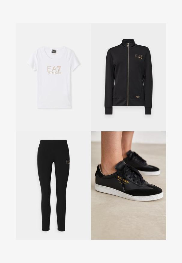 Veste noire zippée avec col haut, fabriquée dans un tissu lisse. Présente des accents de logo doré et un design ajusté avec des poignets côtelés.; T-shirt en coton blanc avec un col rond, arborant un logo en strass doré "EA7 EMPORIO ARMANI" centré sur le devant.; Leggings noirs à coupe slim, fabriqués en tissu extensible, arborant un logo doré sur le côté gauche. Texture lisse, design à longueur complète.; Baskets en cuir noir et en daim avec des semelles en caoutchouc blanc. Présentent des lacets ton sur ton et des détails en logo doré sur le côté. Design plat.