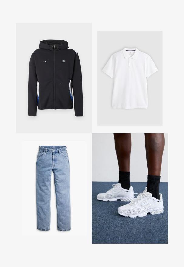 Sort hættejakke med lynlås, hvide og blå sidepaneler, Nike-logo på venstre bryst og et lille rektangulært emblem på højre bryst.; Hvid kortærmet poloshirt med krave og toknapslukning, lagt fladt på en lys grå baggrund.; Lyseblå straight-leg denimjeans med forreste knap- og lynlås, bæltestropper og skrå forlommer.; Hvide atletik-sko med mesh-overdel, teksturerede accenter og polstret sål. Parret med sorte ribbede ankelstrømper på en blå tæppebelagt overflade.