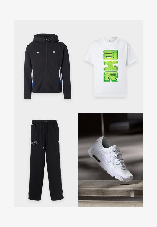 Čierna mikina na zips s kapucňou, biele a modré bočné panely, logo Nike na ľavej strane hrudníka a malá obdĺžniková značka na pravej strane hrudníka.; Biele tričko s krátkym rukávom so zeleným veľkým 3D nápisom "AIR" a malým čiernym logom Nike Swoosh uprostred prednej strany.; Čierne teplákové nohavice s elastickým pásom, dvoma bočnými pruhmi a bielym grafickým logom. Vyrobené z textúrovanej látky, s vetracími otvormi pri členkoch.; Biele tenisky Nike Air Max 90 s vrchnou časťou z kože a sieťoviny, perforovanou špičkou a viditeľnou vzduchovou jednotkou v päte.