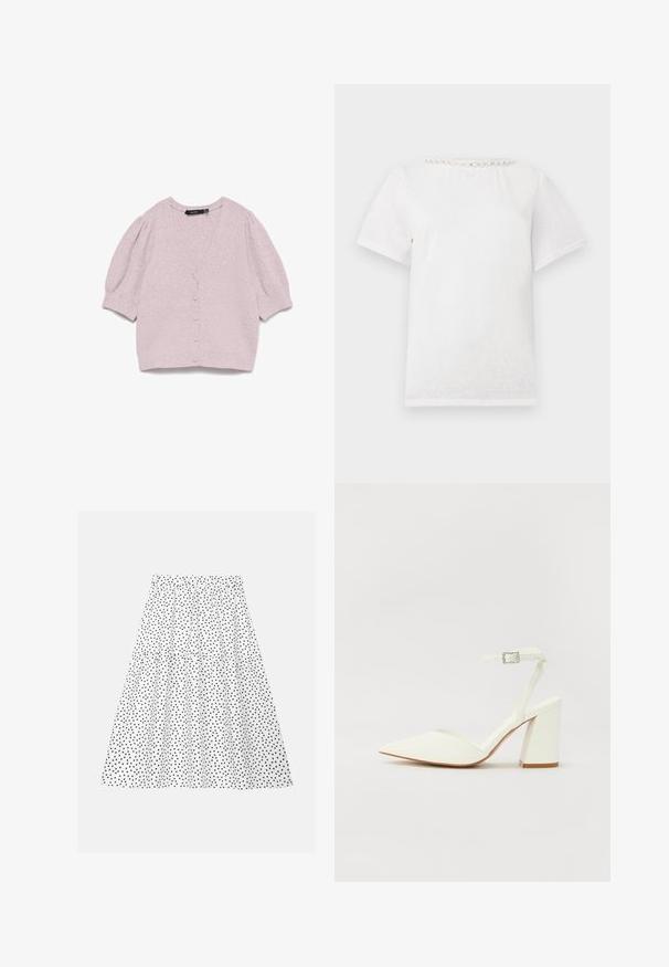 Cardigan boutonné lavande clair avec manches courtes bouffantes et tissu tricoté doux et texturé sur fond blanc.; T-shirt blanc à manches courtes avec un col rond orné d'une rangée de perles décoratives le long du col.; Jupe blanche avec une taille froncée et des pois noirs, dotée d'un design à volants qui ajoute du volume et de la texture.; Sandale blanche à talon avec un bout pointu, sangle de cheville réglable et un talon carré épais. Texture lisse avec des détails de couture minimaux.