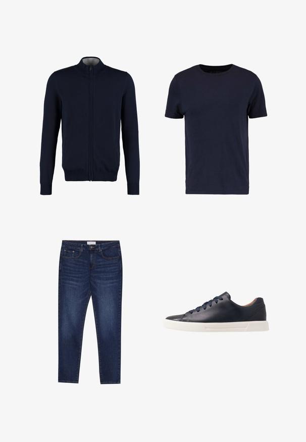 Marineblauwe ritssluiting cardigan met hoge kraag, ribbelmanchetten en onderrand, gladde textuur en zijzakken. Platte brei ontwerp.; Pier One T-shirt basic - dark blue; Donkerblauwe slim-fit jeans met vijf zakken, knoopsluiting en contrasterende stiksels, gelabeld Pier One op de tailleband.; Marineblauwe leren sneakers met een gladde afwerking, platte witte rubberen zool, ronde neus en zes marineblauwe veters die door ronde oogjes zijn geregen.