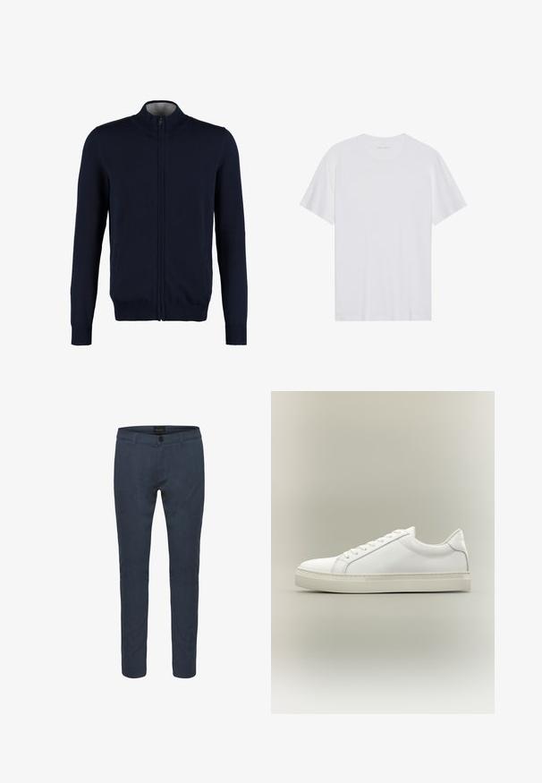 Gilet zippé bleu marine avec un col montant, des bords côtelés aux poignets et à l'ourlet, une texture lisse et des poches latérales. Design en tricot plat.; T-shirt en coton blanc à manches courtes, col rond et texture lisse. Présente un branding minimal au niveau du col.; Pantalons tailleur bleu foncé en tissu, dotés d'une fermeture à bouton, de poches avant et d'une coupe ajustée. Texture lisse avec un léger brillant.; Baskets blanches basses à lacets sur l’avant et semelle épaisse, vues de côté sur un fond neutre.