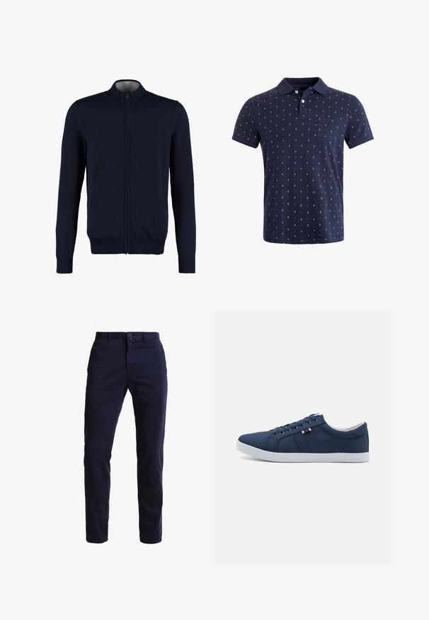 Cárdigan azul marino con cremallera, cuello alto, puños y dobladillo acanalados, textura suave y bolsillos laterales. Diseño de punto plano.; Polo azul marino de algodón, con corte recto, mangas cortas, cuello, un bolsillo y un pequeño estampado de anclas en toda la prenda.; Chinos azul marino hechos de una mezcla de algodón, con un diseño de pierna recta, bolsillos frontales, cierre de cremallera y una cinturilla con un solo botón.; Zapatillas de lona azul marino con suelas de goma blancas, punta redonda y seis pares de ojales para los cordones. Presenta una etiqueta de logo en el lateral.