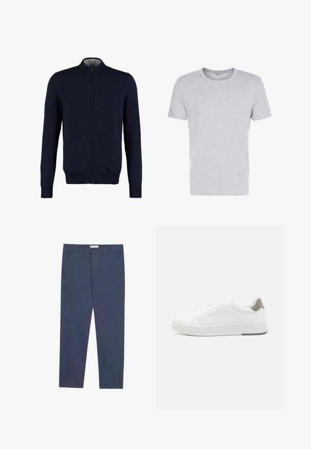 Cárdigan azul marino con cremallera, cuello alto, puños y dobladillo acanalados, textura suave y bolsillos laterales. Diseño de punto plano.; Camiseta de algodón gris con cuello redondo, mangas cortas y un diseño liso, que presenta una textura suave y lisa, sin patrones ni adornos visibles.; Chinos de algodón azul marino con corte recto, dos bolsillos frontales y un sutil detalle de costura, que cuentan con una cinturilla con cierre de botón.; Zapatilla blanca con material de cuero liso, punta redonda, diseño minimalista, acento gris en el talón y suela de goma texturizada.