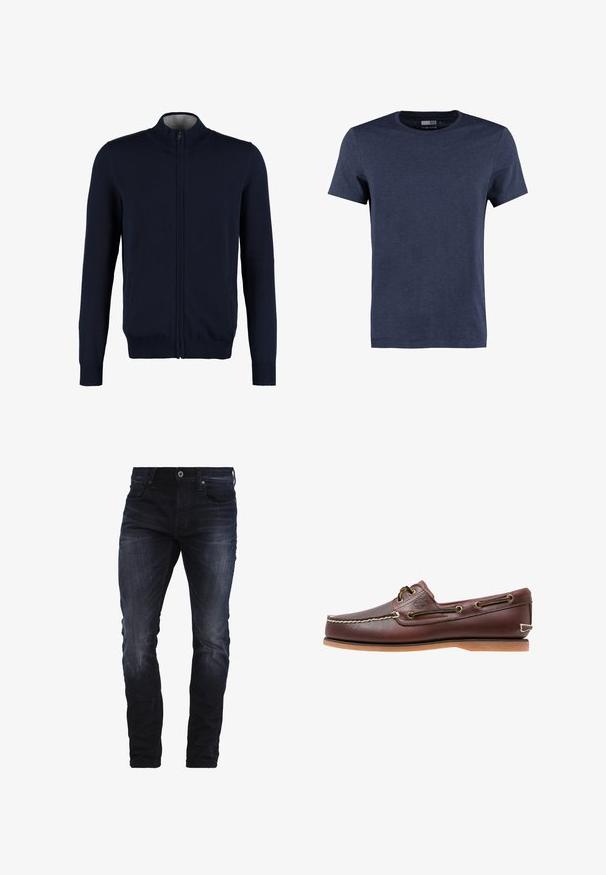 Marine zip-up cardigan med høj krave, ribstrikkede manchetter og kant, glat tekstur og sidelommer. Flad strikket design.; Marineblå kortærmet t-shirt lavet af bomuld, med rund halsudskæring og en blød, meleret tekstur uden synlige mønstre eller accentuer.; Mørkeblå slim-fit jeans med let slid på lårene og knæene, med forlommer, bæltestropper og knaplukning.; Brun læder bådsko med hvide sømme, snøre detaljer og lysbrun gummisål, vist fra siden på hvid baggrund.