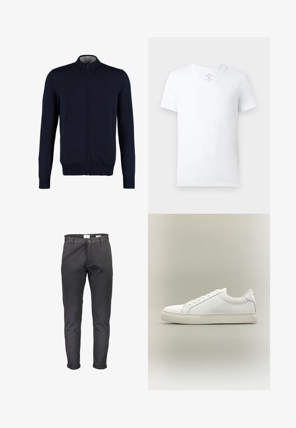 Marine zip-up cardigan med høj krave, ribstrikkede manchetter og kant, glat tekstur og sidelommer. Flad strikket design.; Hvid bomulds T-shirt med korte ærmer og V-hals, med Armani Exchange label indeni kraven, vist på en ensfarvet baggrund.; Smaltsiddende, mørkegrå bukser lavet af blødt stof, med knaplukning, bæltestropper og op-rullede manchetter. Glat tekstur uden mønstre.; Hvid lavtop sneaker med snørebånd foran og tyk sål, vist fra siden mod en neutral baggrund.