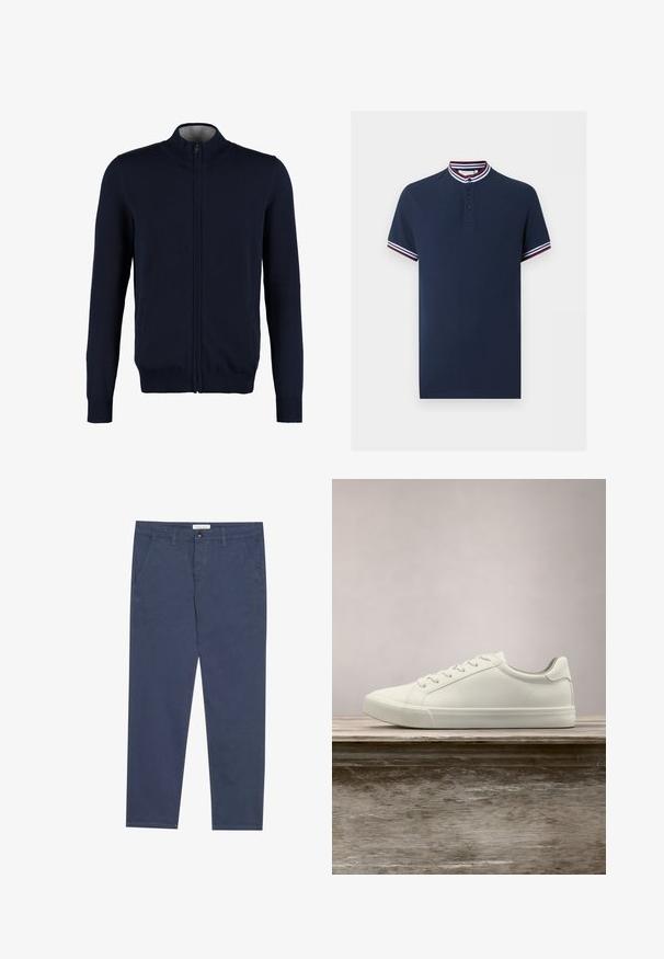 Cárdigan azul marino con cremallera, cuello alto, puños y dobladillo acanalados, textura suave y bolsillos laterales. Diseño de punto plano.; Polo azul marino de manga corta con tres botones, cuello y puños de manga a rayas en blanco, azul marino y burdeos.; Chinos de algodón azul marino con corte recto, dos bolsillos frontales y un sutil detalle de costura, que cuentan con una cinturilla con cierre de botón.; Zapatilla blanca con cordones flotando sobre un banco de madera con follaje verde al fondo, mostrando el diseño y la textura del zapato.