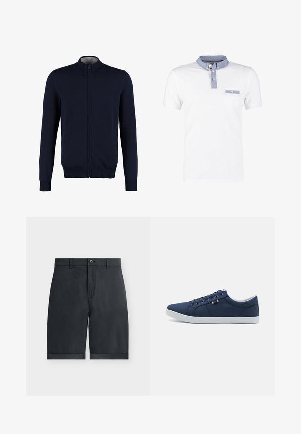 Marinefarbener Reißverschluss-Pullover mit hohem Kragen, gerippten Bündchen und Saum, glatter Textur und seitlichen Taschen. Flach gestricktes Design.; Weißes Poloshirt mit einem Denim-Kragen, ausgestattet mit einer geknöpften Knopfleiste und einer Brusttasche. Kurze Ärmel mit einer glatten, weichen Textur.; Schwarze knielange Shorts mit umgeschlagenen Säumen, Knopfverschluss, Gürtelschlaufen und flachem Vorderdesign auf einfachem weißem Hintergrund.; Marineblaue Leinenschuhe mit weißen Gummisohlen, runder Zehenpartie und sechs Paar Ösen für Schnürsenkel. Mit Logo-Etikett an der Seite.