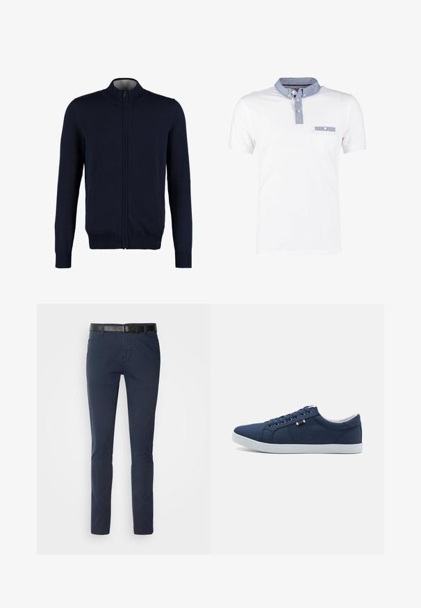 Marinefarbener Reißverschluss-Pullover mit hohem Kragen, gerippten Bündchen und Saum, glatter Textur und seitlichen Taschen. Flach gestricktes Design.; Weißes Poloshirt mit einem Denim-Kragen, ausgestattet mit einer geknöpften Knopfleiste und einer Brusttasche. Kurze Ärmel mit einer glatten, weichen Textur.; Marineblaue Baumwollhose im slim fit, mit einem strukturierten schwarzen Ledergürtel und klassischen Taschen. Schlichtes Design, ohne Muster.; Marineblaue Leinenschuhe mit weißen Gummisohlen, runder Zehenpartie und sechs Paar Ösen für Schnürsenkel. Mit Logo-Etikett an der Seite.