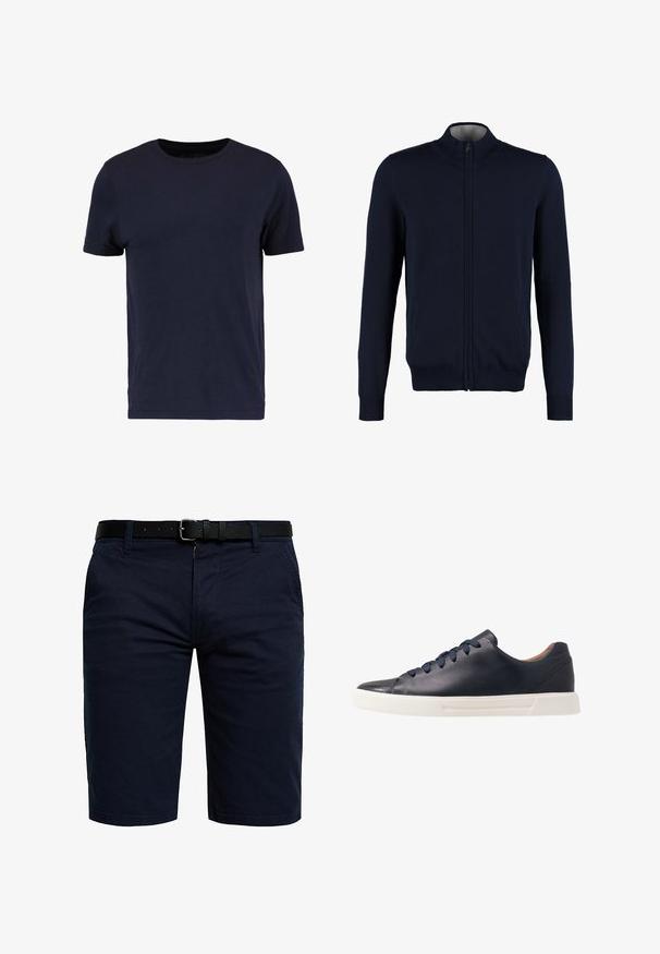 Marine zip-up cardigan med høj krave, ribstrikkede manchetter og kant, glat tekstur og sidelommer. Flad strikket design.; Pier One T-shirts basic - dark blue; Marineblå shorts lavet af en bomuldsblanding, med lynlås, forlommer og et sort læderbælte med en metalspænde.; Marineblå lædersneakers med en glat overflade, flad hvid gummisål, rund tå og seks marineblå snørebånd, der er trukket gennem runde øjer.