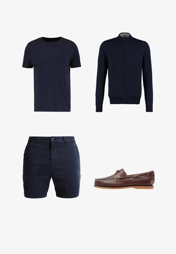 Gilet zippé bleu marine avec un col montant, des bords côtelés aux poignets et à l'ourlet, une texture lisse et des poches latérales. Design en tricot plat.; Pier One by Zalando T-shirt basique - dark blue; Shorts en coton bleu marine avec un devant plat, une fermeture à bouton et des manches roulées. Texture lisse et design minimaliste avec poches latérales.; Chaussure bateau en cuir marron avec coutures blanches, détails de lacets et semelle en caoutchouc beige, vue de côté sur fond blanc.