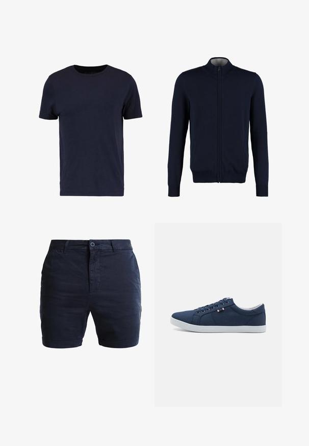 Marine zip-up cardigan med høj krave, ribstrikkede manchetter og kant, glat tekstur og sidelommer. Flad strikket design.; Pier One by Zalando T-shirts basic - dark blue; Mørkeblå bomulds shorts med flad front, knaplukning og opsmøg. Glat tekstur og minimalistisk design med sidelommer.; Marineblå kanvas sneakers med hvide gummisåler, rund tå og seks par snørehuller. Har logo tag på siden.