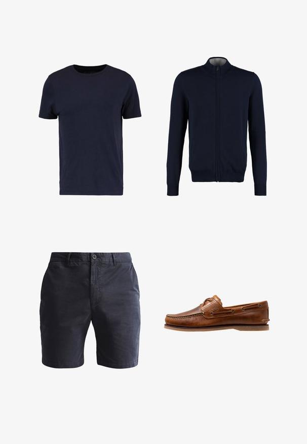 Marine zip-up cardigan med høj krave, ribstrikkede manchetter og kant, glat tekstur og sidelommer. Flad strikket design.; Pier One by Zalando T-shirts basic - dark blue; Marineblå bomuldsbukser med flad front, bæltestropper, knaplukning og sidelommer. Glat tekstur og klassisk snit med hængte ben.; Brune læder bådsko med syede detaljer, der har metaløjer, en forhøjet søm på tåen og en flad gummisål.