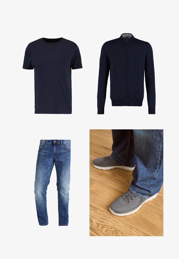 Marine zip-up cardigan med høj krave, ribstrikkede manchetter og kant, glat tekstur og sidelommer. Flad strikket design.; Pier One by Zalando T-shirts basic - dark blue; Slim-fit blå jeans i denim med en lys til mørk vask gradient, fem-lomme design, knaplukning og synlige syninger.; Grå løbesko med mesh-overdel, hvid sål og elastiske snørebånd. Parret med blå denimjeans, på et trægulv.