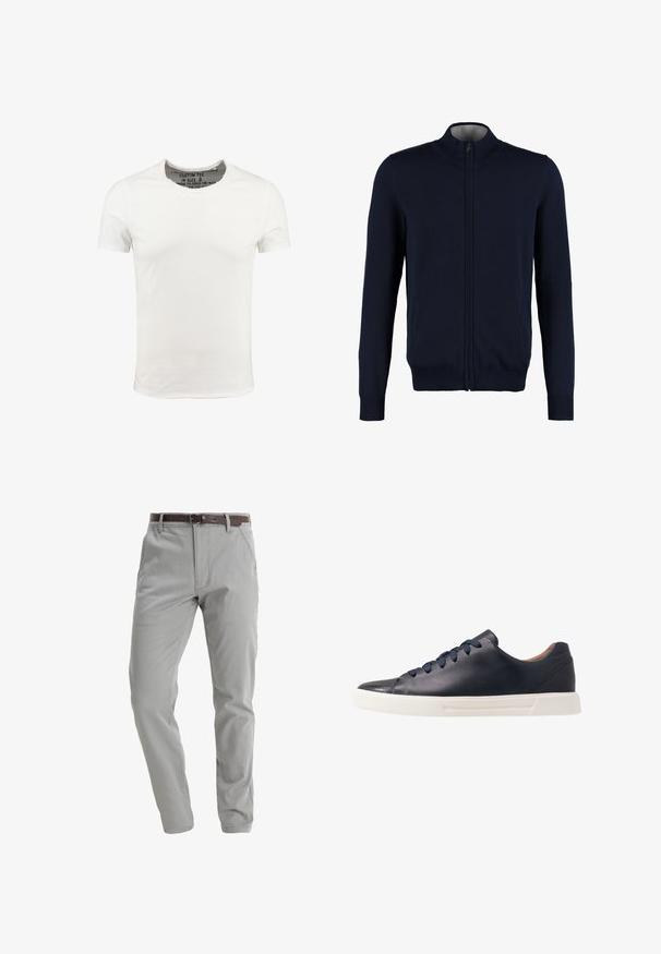 Cárdigan azul marino con cremallera, cuello alto, puños y dobladillo acanalados, textura suave y bolsillos laterales. Diseño de punto plano.; Camiseta de algodón blanca con cuello redondo y mangas cortas, con un diseño liso y una textura suave. Etiqueta visible en el área del cuello.; Pantalones gris claro de tela suave, con un diseño de pierna recta, bolsillos frontales y un cinturón de cuero marrón para ajustar.; Zapatillas de cuero azul marino con un acabado suave, suela plana de goma blanca, puntera redonda y seis cordones azul marino pasados por ojales redondos.