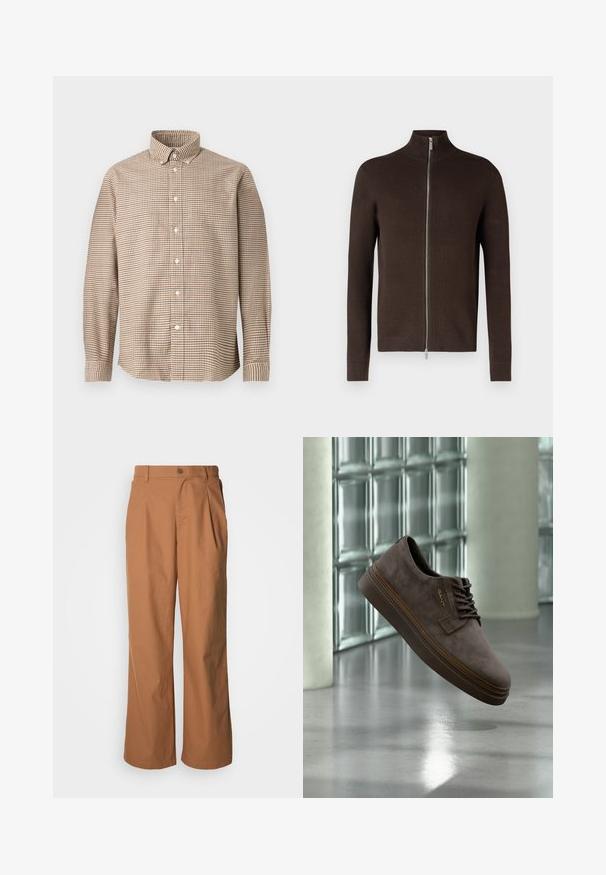Brauner Reißverschluss-Pullover mit hohem Kragen, aus strukturiertem Strickstoff gefertigt. Verfügt über lange Ärmel und gerippte Bündchen sowie Saum.; Beige- und braunkariertes Langarm-Hemd mit knopffestem Kragen, auf einem schlichten Hintergrund aus der Frontansicht präsentiert.; Weit geschnittene Hosen aus warmbraunem Stoff, mit einer vorderen Knopfverschluss, dezenten Falten und geradem Schnitt für eine entspannte Passform.; Dunkelbrauner Wildleder-Schnürschuh mit dicker Sohle und "GANT"-Logo, schwebend über einem reflektierenden Boden nahe einer Glassteinwand.