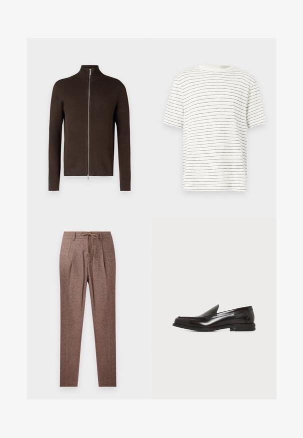 Brun lynlås sweater med høj krave, lavet af tekstureret strikstof. Har lange ærmer og ribbede manchetter og kant.; Hvid T-shirt med korte ærmer og smalle sorte striber, rund halsudskæring, afslappet pasform, blød tekstur og en let buet linning i siderne.; Brune, strukturerede bukser med et hørmønster, der har en snøre i taljen og to frontfolder. Lige ben-design.; Sort herre slip-on loafer i læder med lav hæl og syninger langs fronten og siderne på en hvid baggrund.