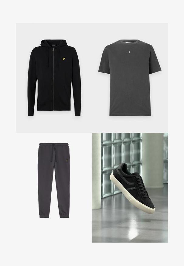 Sudadera con cremallera negra hecha de tela suave, con capucha ajustable, bolsillos delanteros y un pequeño logo de águila amarilla en el pecho.; Camiseta de algodón gris oscuro con cuello redondo y mangas cortas; presenta un pequeño logo centrado en blanco en el pecho.; Pantalones de chándal gris oscuro, hechos de una tela suave, con una cintura elástica con cordón, puños en los tobillos y un pequeño logotipo amarillo en el muslo izquierdo.; Zapatilla negra de perfil bajo con suela y cordones blancos, de la marca "BOSS", flotando en interiores cerca de ventanas de bloques de vidrio y pilares de hormigón.