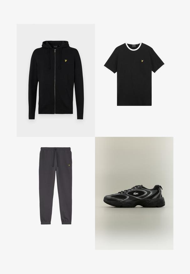 Sort zip-up hættejakke lavet af blødt stof, med snoretræk til hætten, frontlommer og et lille gult ørne-logo på brystet.; Sort T-shirt med hvid krave og ærmekanter, lavet af bomuld. Har en lille gul broderet ørnelogo på brystet.; Mørkegrå sweatpants lavet af blød stof, med en elastisk talje med snøre, afsluttede ankler og et lille gult logo på venstre lår.; Sort og grå atletisk sneaker med mesh-paneler, snørebåndsdesign, tyk sål og et lille krokodillelogo på siden.
