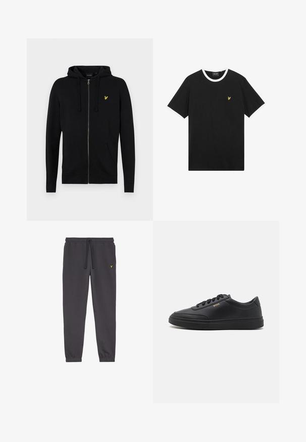 Hoodie zippé noir en tissu doux, avec une capuche à cordon de serrage, des poches avant et un petit logo d'aigle jaune sur la poitrine.; T-shirt noir avec col et bordures de manches blanches, en coton. Présente un petit logo d'aigle brodé en jaune sur la poitrine.; Pantalon de survêtement gris foncé en tissu doux, avec une taille élastique à cordon de serrage, des chevilles resserrées et un petit logo jaune sur la cuisse gauche.; Baskets en cuir noir avec une texture lisse, bout rond, semelle en caoutchouc plate et lacets ton sur ton. Présente une marque "BOSS" dorée sur le côté.