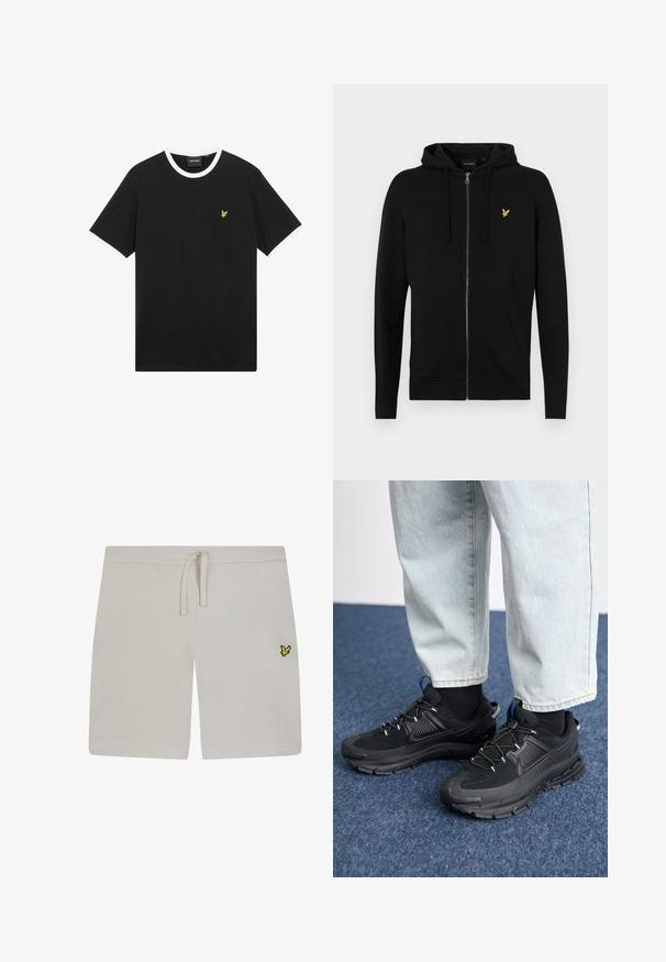 Zwarte rits hoodies gemaakt van zachte stof, met een trekkoordcapuchon, voorzakken en een klein geel adelaarslogo op de borst.; Zwart T-shirt met witte kraag en mouwranden, gemaakt van katoen. Voorzien van een klein geel geborduurd adelaarlogo op de borst.; Lichtgrijze katoenen shorts met een elastische tailleband en trekkoord. Voorzien van een klein geel logo aan de linkerkant. Soepele textuur.; Zwarte sportschoenen met gestructureerde stof en rubberen zolen, met elastische veters en een blauwe accent op de hiel. Draag samen met lichte spijkerbroeken.