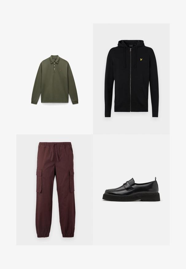 Sudadera con cremallera negra hecha de tela suave, con capucha ajustable, bolsillos delanteros y un pequeño logo de águila amarilla en el pecho.; Polo de manga larga color verde oliva, hecho de algodón, con una tapeta de tres botones, puños acanalados y un pequeño logo bordado en el pecho.; Pantalones cargo marrones con cintura elástica y puños en los tobillos, que cuentan con bolsillos laterales delanteros y grandes bolsillos con solapa en cada muslo.; Zapatos estilo mocasín de cuero negro con suela plana y texturizada, con puntera cosida y una correa a lo largo del empeine.