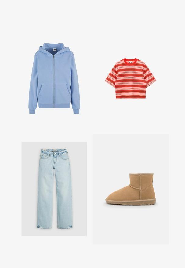 Lichtblauwe zip-up hoodie gemaakt van zachte katoen. Heeft een kangoeroezak, geribde manchetten en een capuchon. Glad textuur en standaard pasvorm.; Rood-wit gestreept T-shirt met korte mouwen en ronde hals met horizontaal patroon, plat gelegd op een witte achtergrond.; Lichtblauwe wijde jeans van denim. Heeft een klassieke vijf-zakkenstijl, knoopsluiting en gestikte details op de zakken.; Tan nubuck enkellaars met een ronde neus en gewatteerde kraag, voorzien van contrasterende stiksels en een gestructureerde rubberen zool.