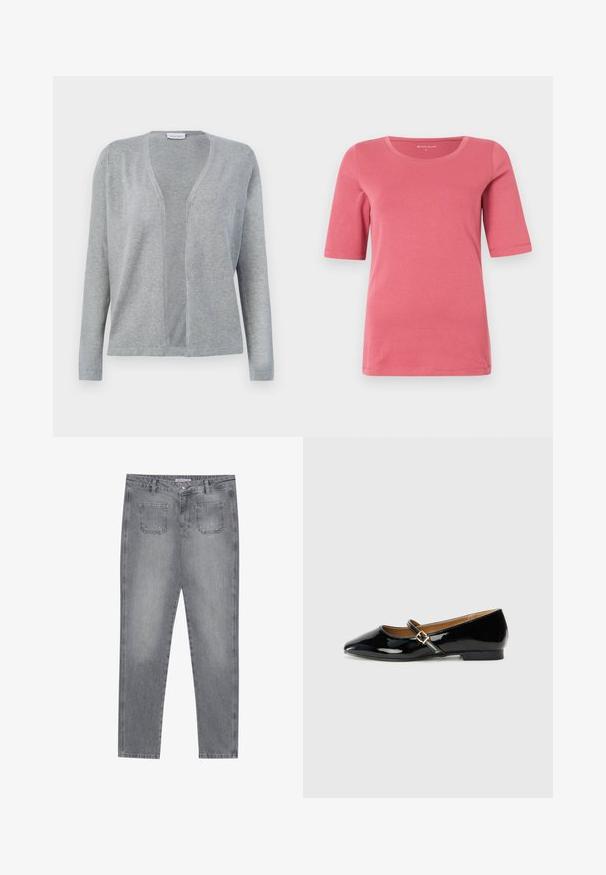 Cárdigan de punto de color gris claro, manga larga y abertura frontal, con un diseño sencillo y sin costuras y una textura de tela suave.; Camiseta de mujer de manga corta en color rosa, con cuello redondo, hecha de suave tela de algodón, con un corte regular y dobladillos cosidos.; Vaqueros grises de denim con corte recto, cinco bolsillos y cierre de botón. Presentan un lavado claro y detalles clásicos de costura.; Zapato plano de charol negro con punta afilada, tira en el tobillo con hebilla de tono dorado y tacón bajo tipo bloque. Acabado suave y brillante.