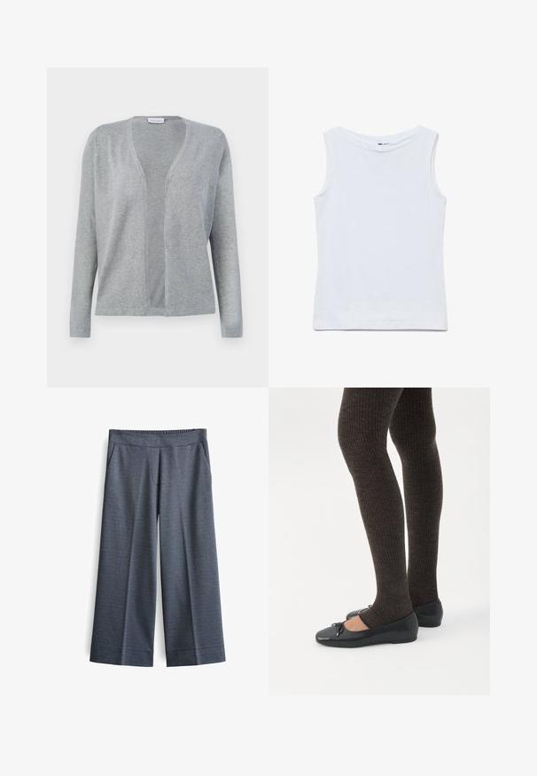 Hellgrauer Cardigan mit langen Ärmeln und offenem Vorderteil, schlichtem, nahtlosem Design und weicher Stoffstruktur.; Ärmelloses weißes Baumwolltop mit weitem Rundhalsausschnitt und geradem Saum, flach auf weißem Hintergrund gezeigt.; Weite Hosen aus dunkelgrauem Stoff. Mit elastischem Bund, zwei Vordertaschen und einer glatten Textur mit einem dezenten Muster.; Beine in dunklen, gerippten Leggings kombiniert mit schwarzen Ballerinas mit kleinen Schleifendetails auf weißem Hintergrund.